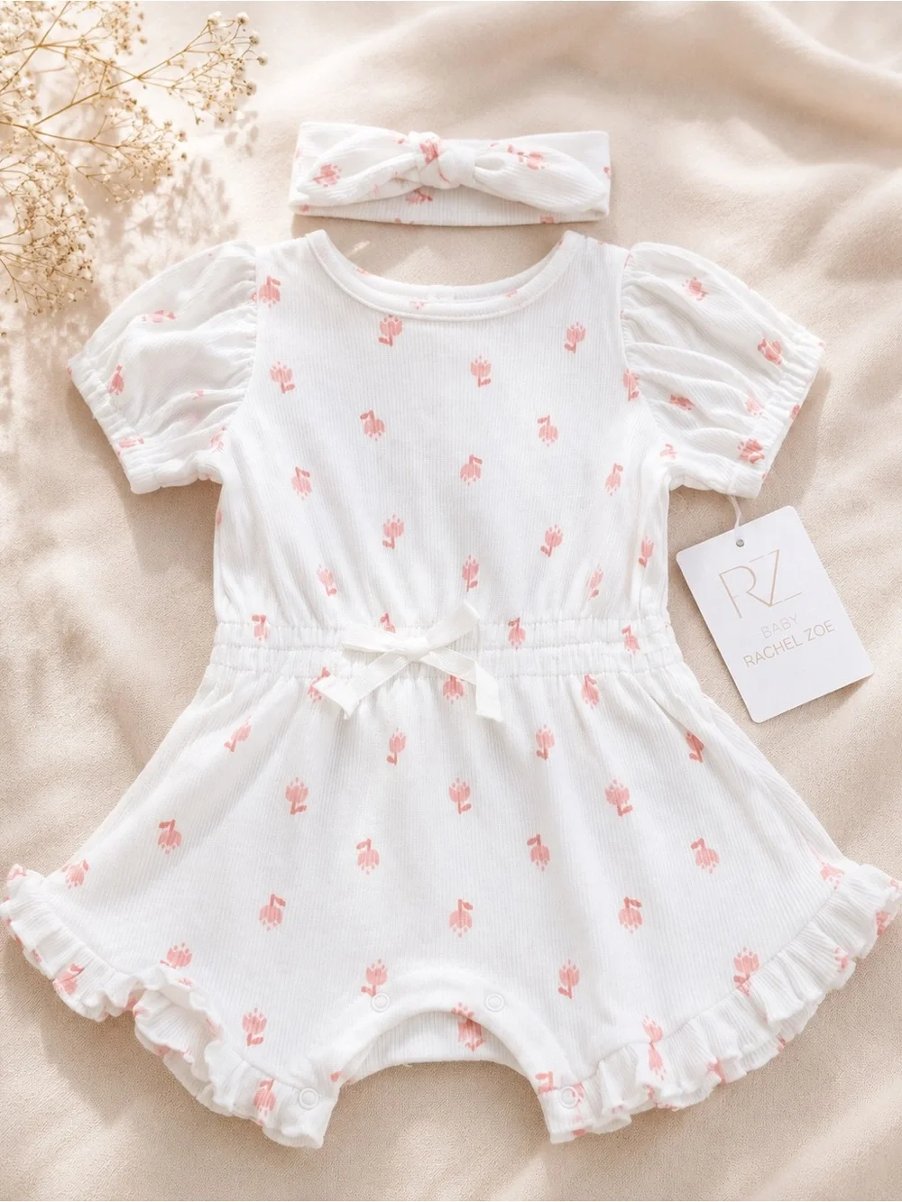 Rachel Zoe White and Pink Baby Romper with matching headband